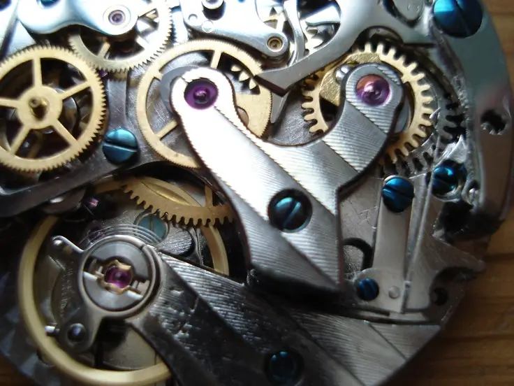 Detailed view of a complex watch movement.