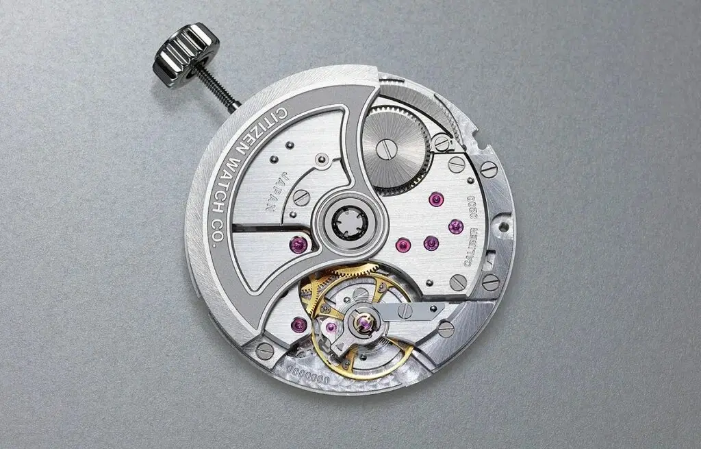 A close-up of a modern automatic watch movement.