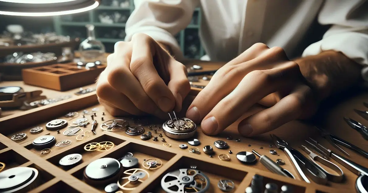 A watchmaker's hands working on a complex movement.