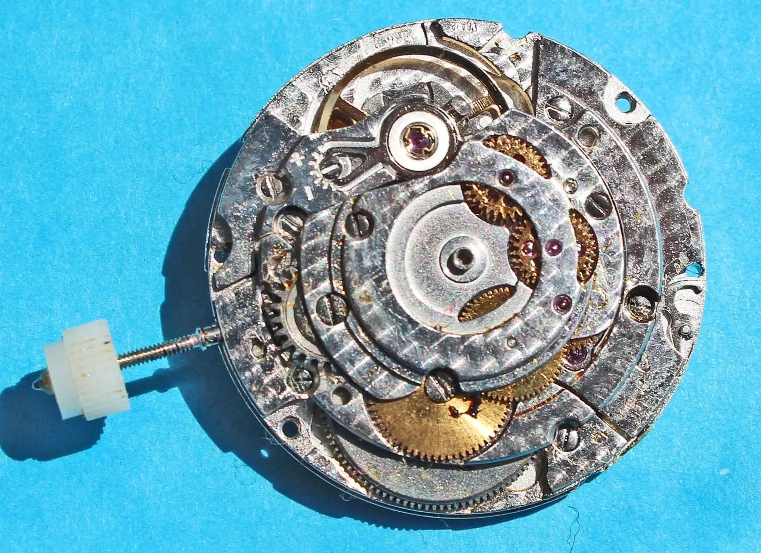 Exploded view of a watch movement.