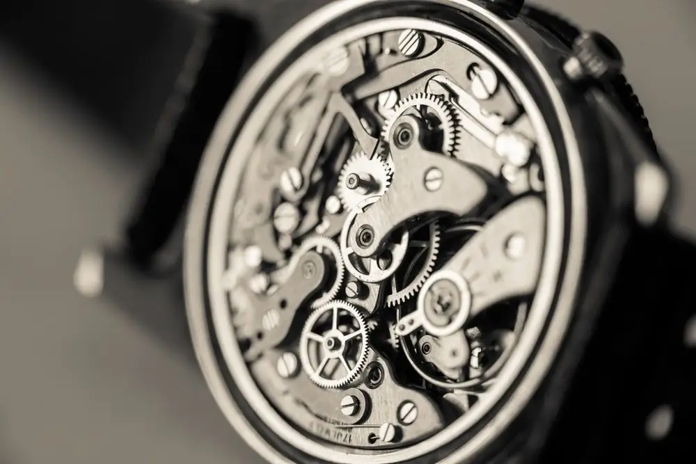 A watch movement close-up.