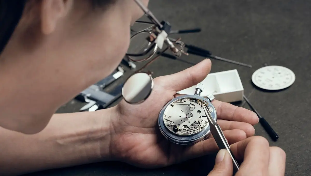 Detail shot of a watchmaker's hands.