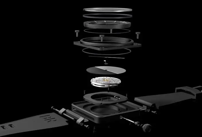Exploded view of a watch movement.